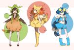  3girls black_hair blonde_hair blue_eyes blue_hair chespin fennekin froakie gloves goggles goggles_on_head long_hair mam233 multiple_girls numbered personification pokemon pokemon_(game) pokemon_xy red_eyes wink 
