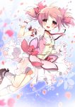  1girl bow bubble_skirt cherry_blossoms gloves kaname_madoka kneehighs kurot magical_girl mahou_shoujo_madoka_magica open_mouth petals pink_eyes pink_hair see-through short_hair short_twintails smile solo twintails white_gloves white_legwear 