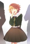  1boy blush brown_hair crossdressinging crying dangan_ronpa fujisaki_chihiro highres karuha long_sleeves open_mouth school_uniform short_hair silhouette simple_background skirt solo tears trap white_background 