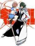  1boy 1girl annoyed bokken brown_hair do_nko green_hair kill_la_kill long_coat mankanshoku_mako sanageyama_uzu school_uniform serafuku sitting sitting_on_arm skirt spikes sword weapon wooden_sword 