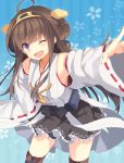  1girl ahoge bent_over brown_hair grey_eyes hair_ornament japanese_clothes kantai_collection kongou_(kantai_collection) long_hair long_sleeves looking_at_viewer marotti miko open_mouth smile solo thighhighs very_long_hair wide_sleeves wink zettai_ryouiki 