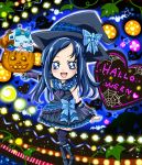  1girl animal blue_eyes blue_hair blush chibi dog dokidoki!_precure figu halloween happy hat hishikawa_rikka long_hair pumpkin solo witch witch_hat 