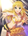  1girl :d ahoge bee beehive blonde_hair breasts cleavage green_eyes hoshii_miki idolmaster idolmaster_cinderella_girls long_hair midriff official_art open_mouth smile star thighhighs 