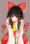  bad_id black_eyes black_hair bow detached_sleeves hair_bow hakurei_reimu japanese_clothes long_hair solo tokano tongue touhou 