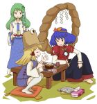 barefoot hat kishiinu kochiya_sanae long_skirt moriya_suwako senbei short_hair sitting skirt squatting sweat touhou yasaka_kanako