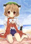  barefoot brown_hair cat_ears cat_tail chen dress feet flat_chest hands hat loli mizukusa_aoba multiple_tails red_eyes school_swimsuit short_hair skirt skirt_lift swimsuit swimsuit_under_clothes tail touhou 