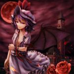  bat_wings clock clock_tower collarbone face flat_chest flower full_moon hands hat kurione_(pixiv) kurione_(zassou) light_smile looking_at_viewer moon no_bra open_clothes open_shirt purple_hair red_eyes red_moon red_rose remilia_scarlet rose shirt short_hair smile touhou tower wind wings 