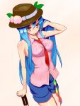  blue_hair casual contemporary hat hinanawi_tenshi impossible_clothes impossible_shirt long_hair necktie okaki shirt sleeveless solo touhou 