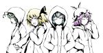  alternate_costume animal_ears antenna antennae bad_id blonde_hair blue_hair cirno closed_eyes contemporary crost green_hair hair_ribbon hands_in_pockets hat high_contrast hooded_jacket jacket multiple_girls mystia_lorelei navel no_bra no_shirt pink_hair ribbon rumia smile team_9 touhou wink wriggle_nightbug 