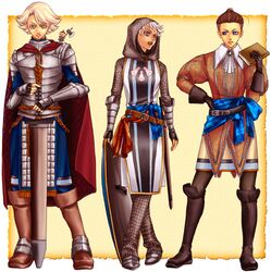  axe book boots broken-land brown_eyes chainmail facial_mark fingerless_gloves forehead_mark gensou_suikoden gensou_suikoden_iv gloves hood jewel_(suikoden) keneth miniboy shield short_hair silver_hair snowe_vingerhut suikoden suikoden_iv sword tal weapon 