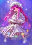  bangs blunt_bangs bobby_socks book bow capelet crescent flying glowing hair_bow hat highres long_hair no_shoes open_book patchouli_knowledge purple_eyes purple_hair reading robe smile socks solo star striped touhou violet_eyes 