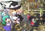  4girls black_hair blonde_hair blue_eyes blue_hair bow braid chibi cirno cup detached_sleeves frog gears green_hair hair_bow hair_ornament hakurei_reimu hat kawasemi_(pocorit) kirisame_marisa kochiya_sanae long_hair magnifying_glass mug multiple_girls short_hair tea touhou wings witch_hat yellow_eyes 