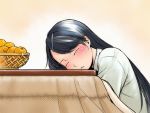  blush closed_eyes food fruit hair_ornament ino kotatsu mandarin_orange mochizuki_nonoka otome_function saliva sleeping table 