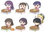  araragi_koyomi bakemonogatari banana biting chibi denden fangs food fruit glasses goggles hachikuji_mayoi hanekawa_tsubasa head_bite head_biting kanbaru_suruga monogatari_(series) oshino_shinobu sengoku_nadeko senjougahara_hitagi snail twintails 