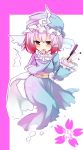  closed_fan fan floating folding_fan gradient_hair hand_over_mouth hat hitodama japanese_clothes kimono multicolored_hair open_mouth pink_eyes pink_hair red_eyes red_hair ribbon saigyouji_yuyuko short_hair smile touhou tsume_(artist) 