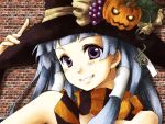  blue_hair blunt_bangs brick hair_tubes halloween hat jack-o-lantern kannagi nagi pumpkin purple_eyes scarf striped striped_scarf violet_eyes witch_hat yuuna_katsumi 
