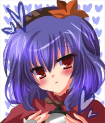  bad_id blush face hairband heart nemokochi purple_hair red_eyes short_hair simple_background solo touhou yasaka_kanako 