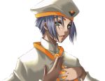  athena_glory green_eyes hand_on_chest hand_on_own_chest hat open_mouth short_hair silver_hair simple_background uniform yuuna_katsumi 