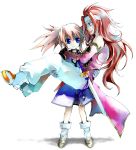  1girl blue_eyes carrying elbow_gloves gloves headband long_hair pink_hair presea_combatir princess_carry red_hair redhead sword tales_of_(series) tales_of_symphonia twintails weapon zelos_wilder 
