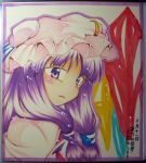  blush hat long_hair marker_(medium) patchouli_knowledge purple_eyes purple_hair shikishi shino_(ponjiyuusu) solo touhou traditional_media violet_eyes 