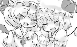  bad_id closed_eyes fang flandre_scarlet monochrome multiple_girls remilia_scarlet siblings sisters smile touhou usa-pom 