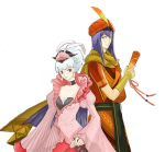  breasts brother_and_sister cape choker cleavage dress earrings fan feathers flower frilled_dress frills frilly_dress gensou_suikoden gensou_suikoden_v hair_up hat jewelry josephine meke pink pink_dress purple_eyes rose shula_valya siblings silver_hair suikoden suikoden_v turban violet_eyes 