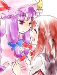  bow close-up closed_eyes expressionless hair_bow happy hat head_wings headwings koakuma long_hair multiple_girls myama open_mouth patchouli_knowledge purple_eyes purple_hair red_hair redhead smile touhou violet_eyes 