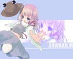  blonde_hair foreshortening hair_ribbon hands hat hat_removed headwear_removed highres kuroi_mizore midriff moriya_suwako open_mouth outstretched_arm outstretched_hand pink_hair purple_eyes ribbon solo thighhighs touhou white_legwear zoom_layer 