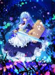  blue_hair long_hair maid night original pantyhose sakurano_miya suitcase sword weapon white_legwear 