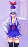  asa_inu bespectacled blue_hair breasts cleavage glasses hand_on_hip horns kamishirasawa_keine long_hair red_eyes silver_hair solo thigh-highs thighhighs touhou zoom_layer 