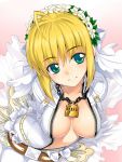  1girl ahoge arms_behind_back belt blonde_hair bodysuit breasts bridal_veil buckle center_opening chain fate/extra_ccc fate_(series) flower gloves green_eyes head_wreath large_breasts lock namonashi navel padlock saber_bride saber_extra solo unzipped veil zipper 
