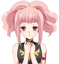  anya_alstreim bare_shoulders blush code_geass hands headband kurimomo lips lipstick pink_eyes pink_hair red_eyes short_hair sleeveless solo tattoo 