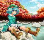  bad_id blue_eyes blue_hair boots hair_bobbles hair_ornament hat kawashiro_nitori key leather_boots matsutani river rock scenery short_hair sitting_on_rock solo touhou twintails 