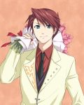 1boy blue_eyes bouquet cross flower juu_ya male necktie red_hair redhead smile solo umineko_no_naku_koro_ni ushiromiya_battler 