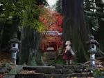  hitsuji inubashiri_momiji light nature peaceful scenery shrine sky smile stone_lantern sword takanashi_akihito temple touhou tree weapon 