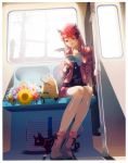  1girl absurdres book boots cat demon_wings earrings flower hair_ribbon highres horns huge_filesize jewelry long_hair original reading red_eyes redhead ribbon rolling_suitcase sitting skirt smile solo train train_interior vofan wings 