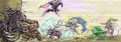  armor battle blonde_hair cain_highwind cape cecil_harvey demon_wall edward_geraldine final_fantasy final_fantasy_iv green_hair helmet kuu_(pixiv582427) long_hair magic monster ponytail rosa_farrell rydia short_hair spear sword white_hair 