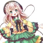  1girl adapted_costume dress eyeball frilled_dress frills green_eyes hat komeiji_koishi long_hair mochi0103 open_mouth outstretched_arms ribbon silver_hair solo third_eye touhou wide_sleeves 