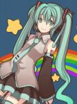  aqua_hair bad_id detached_sleeves hatsune_miku headphones long_hair necktie rainbow skirt smile solo somnium star thighhighs twintails very_long_hair vocaloid 