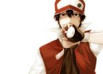  baseball_cap fingerless_gloves gloves hands hat heterochromia holding holding_poke_ball nintendo poke_ball pokemon pokemon_(game) popped_collar red_(pokemon) red_(pokemon)_(classic) simple_background 