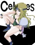  blonde_hair blue_eyes boots cape celes_chere cleavage final_fantasy final_fantasy_vi headband leotard long_hair looking_up shoulder_pads sinzitu sitting 