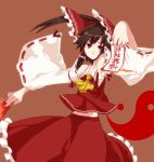  armpits bad_id brown_hair detached_sleeves hakurei_reimu japanese_clothes katakura_nayuuki midriff miko ofuda red_eyes sarashi solo touhou yin_yang 