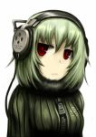  gia green_hair headphones original red_eyes short_hair solo sweater zipper 