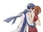  1girl blue_hair blush brown_hair couple kaito kiss male meiko nail_polish scarf short_hair simple_background tomo-graphy vocaloid 