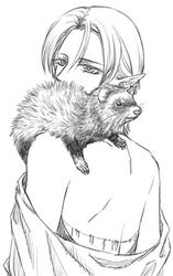  back bare_shoulders broken-land elf ferret gensou_suikoden gensou_suikoden_iv konami lowres monochrome otter paula_(suikoden) pointy_ears short_hair suikoden suikoden_iv undressing 