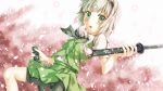  bike_shorts blush cherry_blossoms green_eyes hairband highres katana konpaku_youmu petals scabbard sheath silver_hair skirt solo sword tassel toshizaki_shouma touhou trefoil vest weapon white_hair 