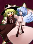  2girls angry blonde_hair blue_eyes blue_hair bow dress hair_bow hair_ribbon hat hat_ribbon long_sleeves looking_back mai_(touhou) mkz open_mouth pointing ribbon short_hair short_sleeves socks touhou touhou_(pc-98) wings yellow_eyes yuki_(touhou) 