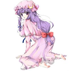  bad_id barefoot feet hat kneeling long_hair patchouli_knowledge purple_eyes purple_hair rakkyhappy solo touhou violet_eyes 