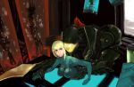  armor blue_eyes breast_press breasts grope heart interspecies lipstick metroid sage_(artist) samus_aran weavel you_gonna_get_raped zero_suit 