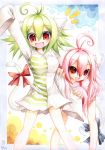  ahoge animal_ears blush bow cat_ears cat_tail emperpep green_hair multiple_girls open_mouth pink_hair red_eyes tail traditional_media watercolor_(medium) waving 